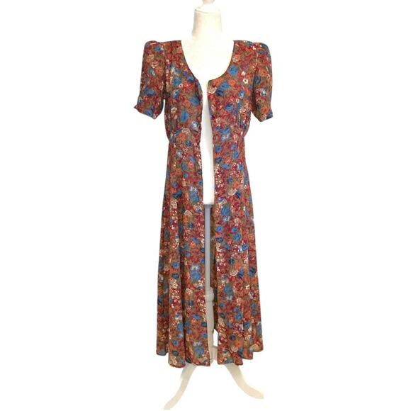 Vintage 90s does 40s Byer California Floral Button Front Midi Dress Size 9 - Picture 1 of 7